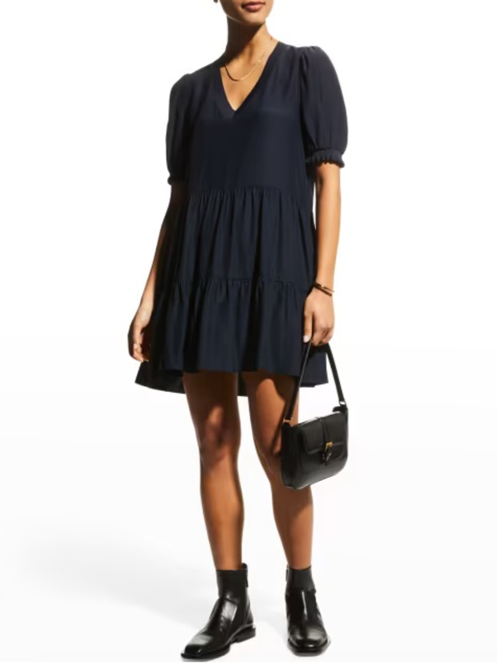 Cinq a sept size L Emalina Tiered Babydoll Dress Mini 100% silk navy blue v-neck